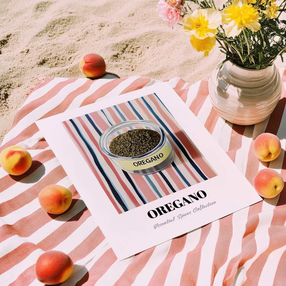 Oregano – on Striped Tablecloth, Spices Wall Decor, unframed on coastal sand