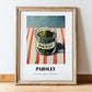 Parsley – on Striped Tablecloth, Spices Wall Decor, in wooden frame leaning on the floor