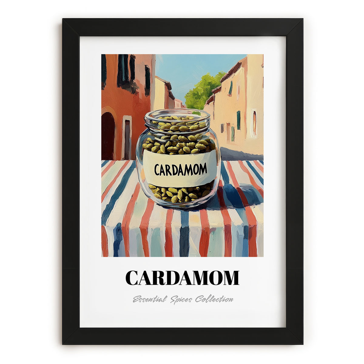 Cardamom – Italian Outdoor Café Scene, Spices Poster, in sleek black frame