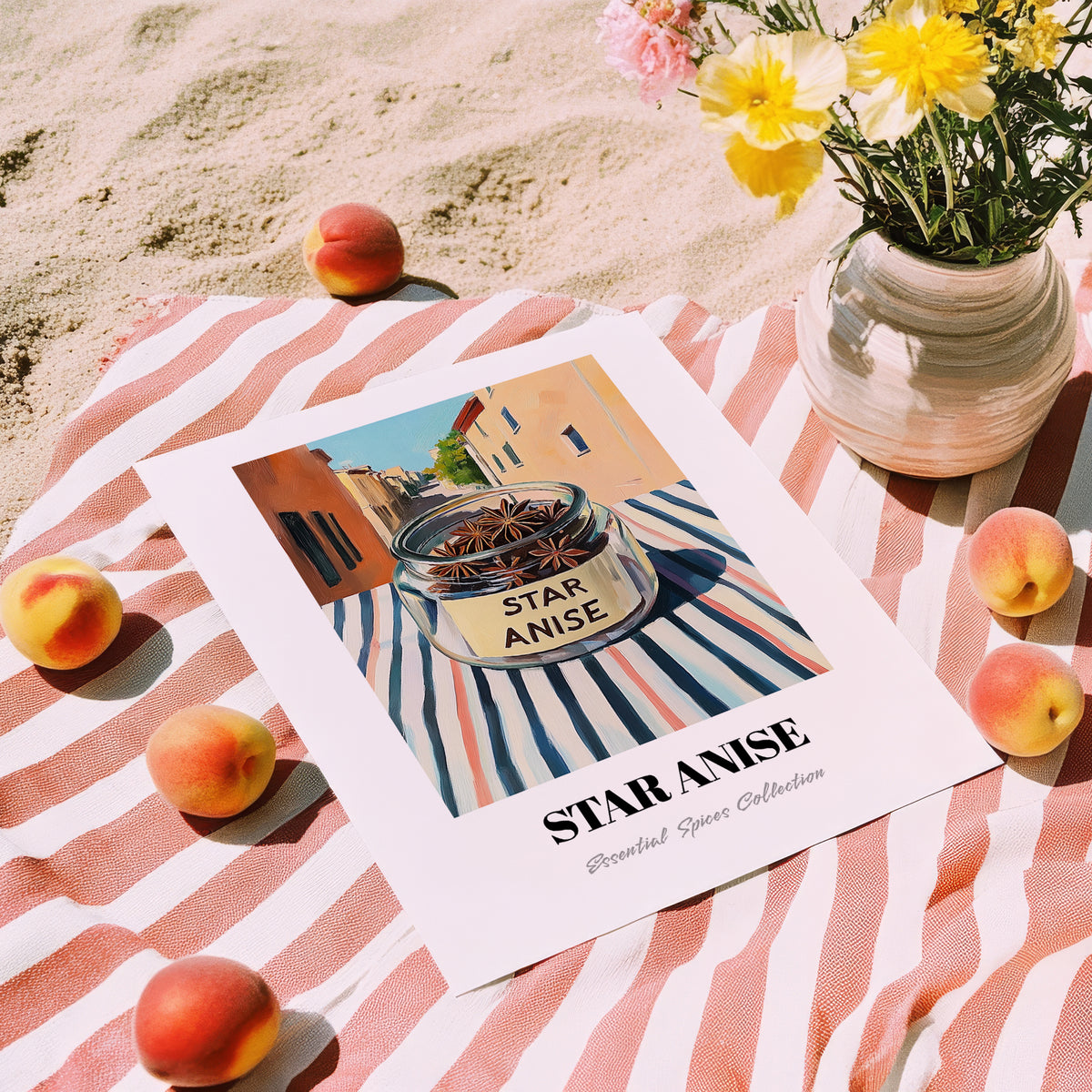 Star Anise – Italian Street Café Scene, Spices Still Life, unframed on coastal sand