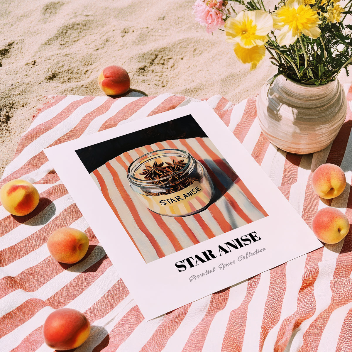 Star Anise – on Striped Tablecloth, Spices Print, unframed on coastal sand