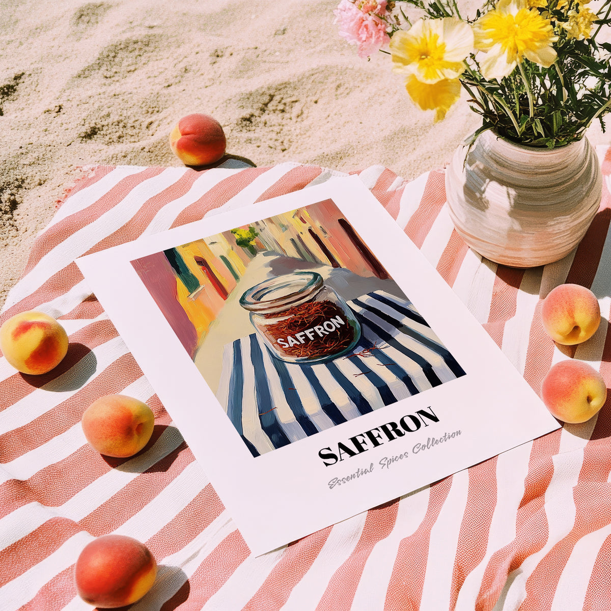 Saffron – Italian Street Café Scene, Spices Painting, unframed on coastal sand