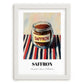 Saffron – on Striped Tablecloth, Spices Still Life, placed in minimal white frame