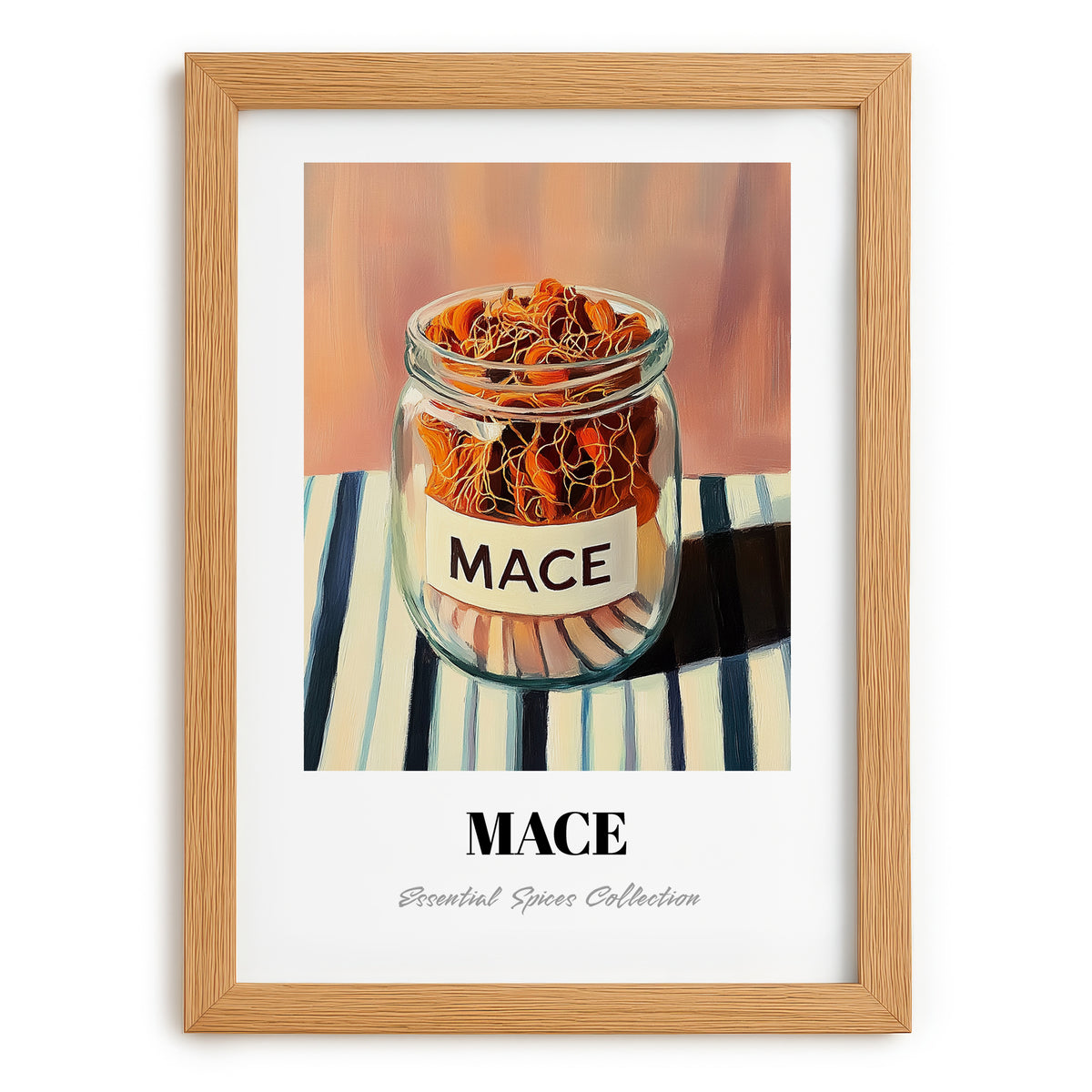Mace – on Striped Tablecloth, Spices Print, set in oak frame