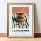 Cayenne Pepper – on Striped Tablecloth, Spices Still Life, in wooden frame leaning on the floor
