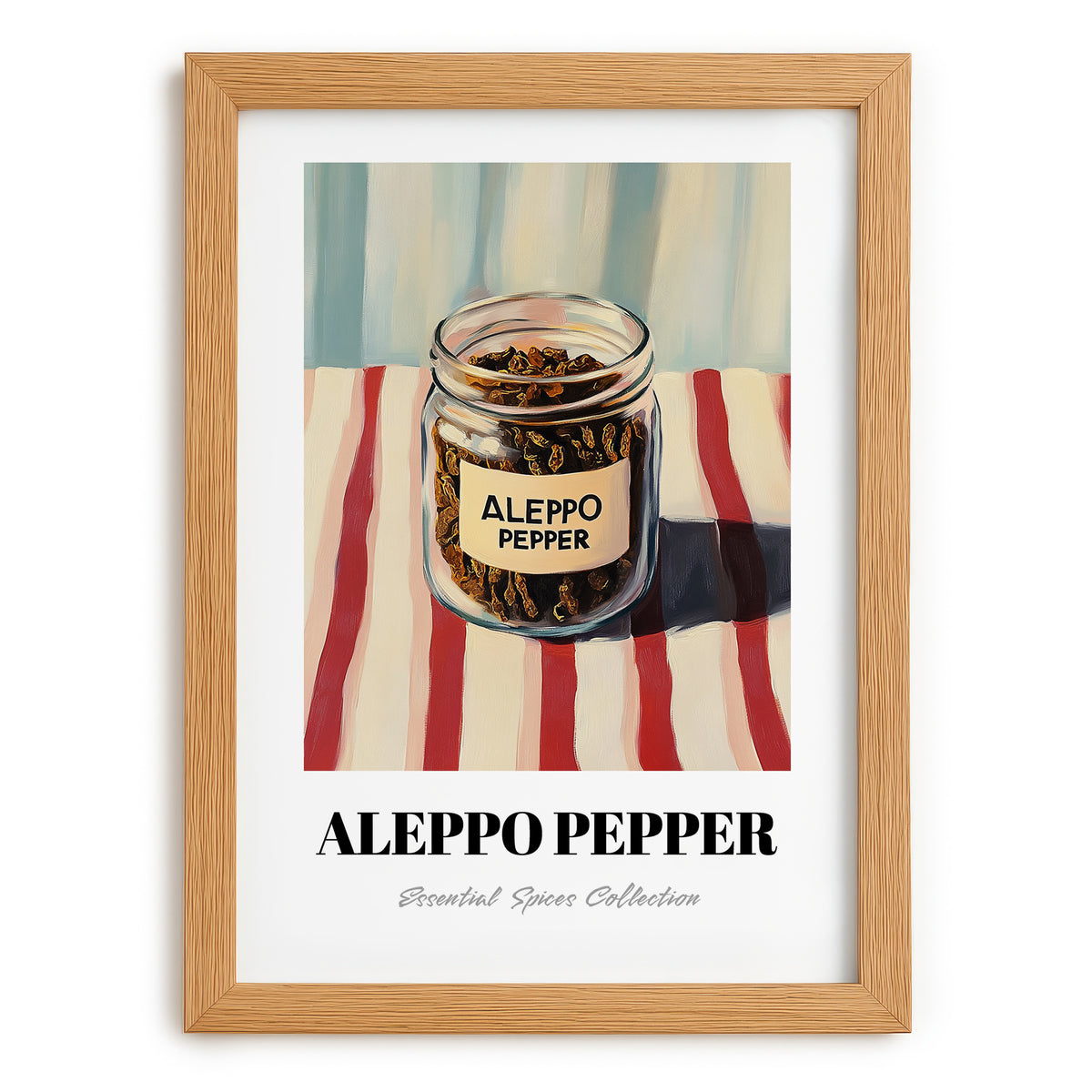 Aleppo Pepper – on Striped Tablecloth, Spices Painting, set in oak frame