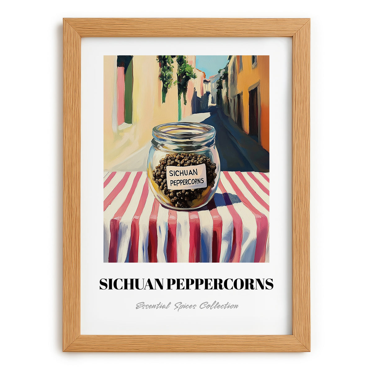 Sichuan Peppercorns – Italian Street Café Scene, Spices Wall Decor, set in oak frame