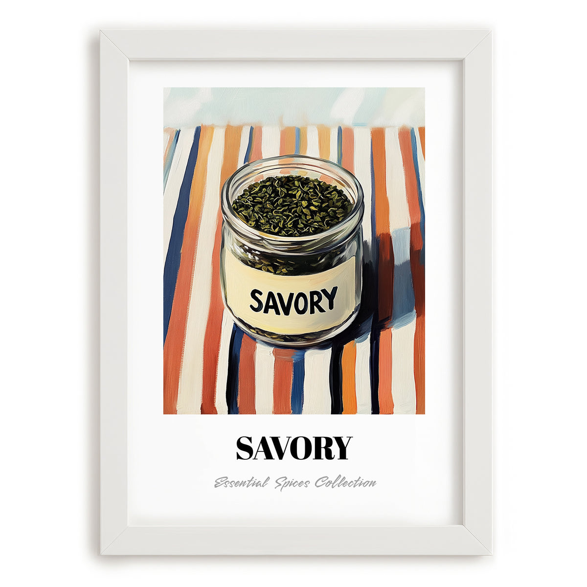 Savory – on Striped Tablecloth, Spices Still Life, placed in minimal white frame