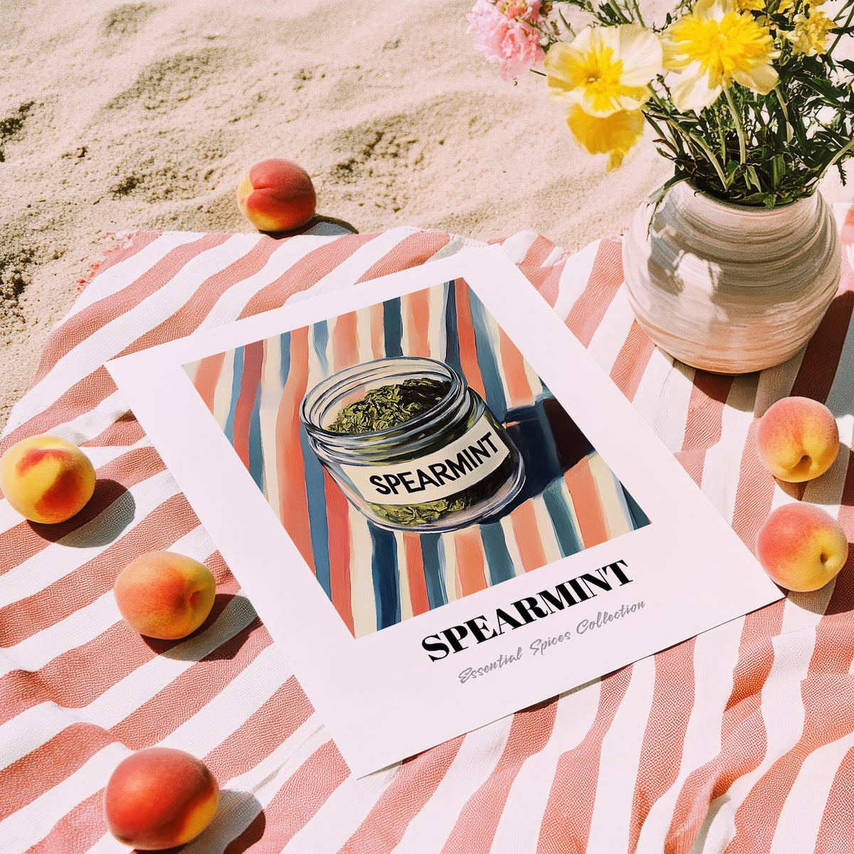Spearmint – on Striped Tablecloth, Spices Print, unframed on coastal sand