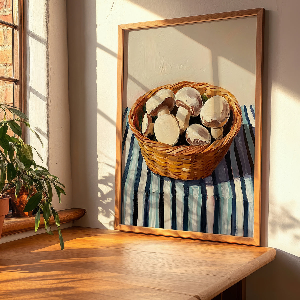 Champignon (Button Mushroom) – on Striped Tablecloth, Mushrooms Painting, clean layout with no caption