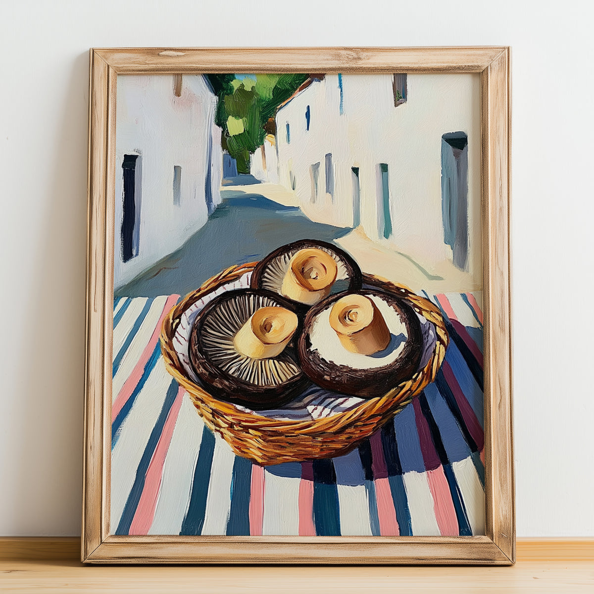 Portobello Mushroom – White village Street Café Scene, Mushrooms Illustration, no-text version framed in wood