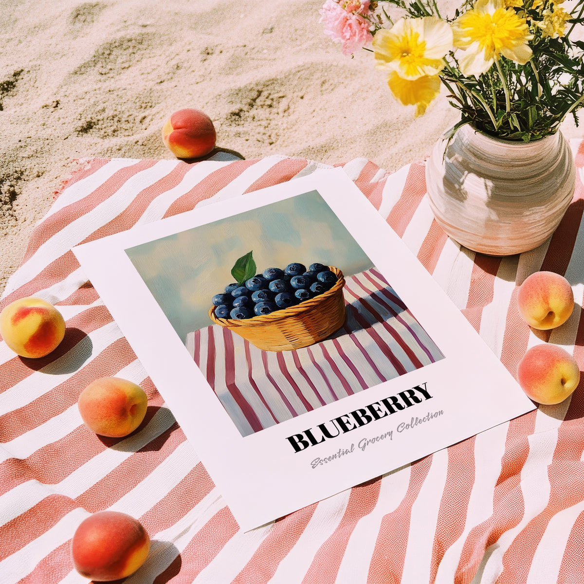 Blueberry – on Striped Tablecloth, Berries Poster, unframed on coastal sand