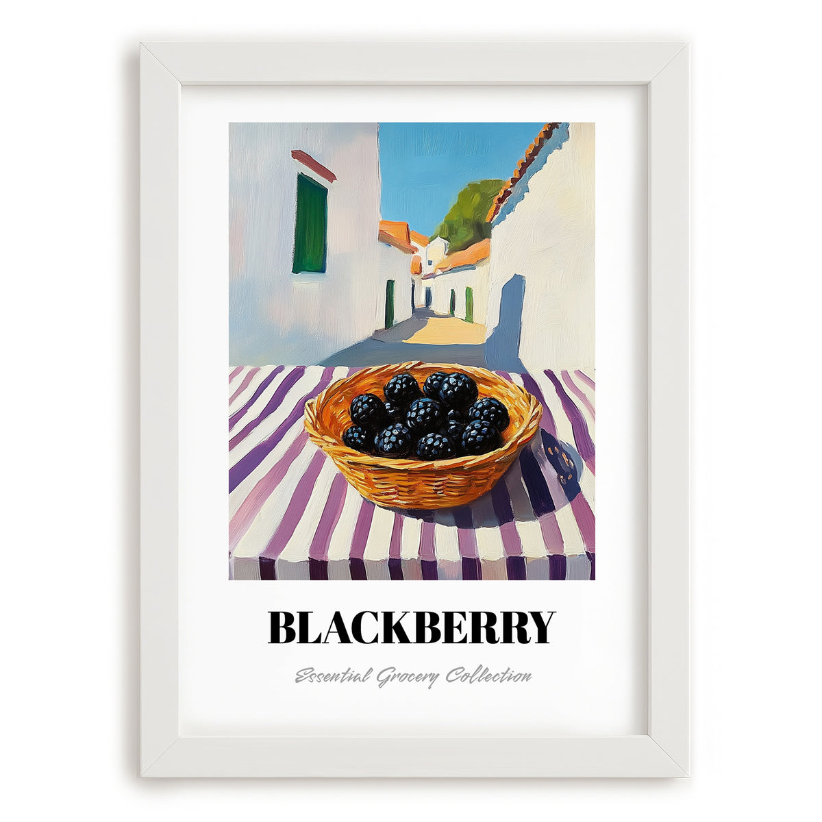 Blackberry – White village Street Café Scene, Berries Print, placed in minimal white frame