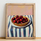 Cranberry – on Striped Tablecloth, Berries Poster, no-text version framed in wood