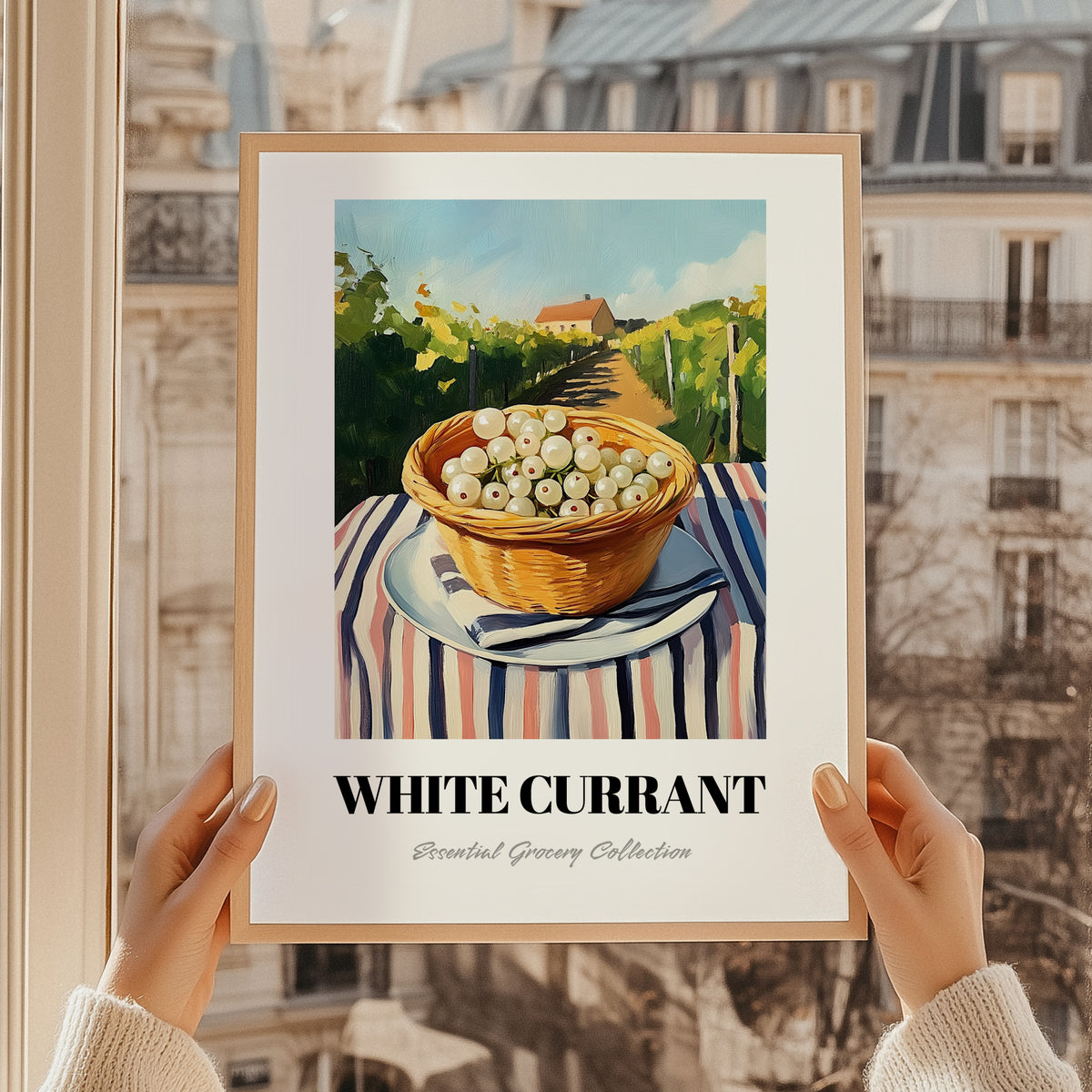 White Currant – Green Valley Landscape, Berries Art, styled in a charming Paris street view