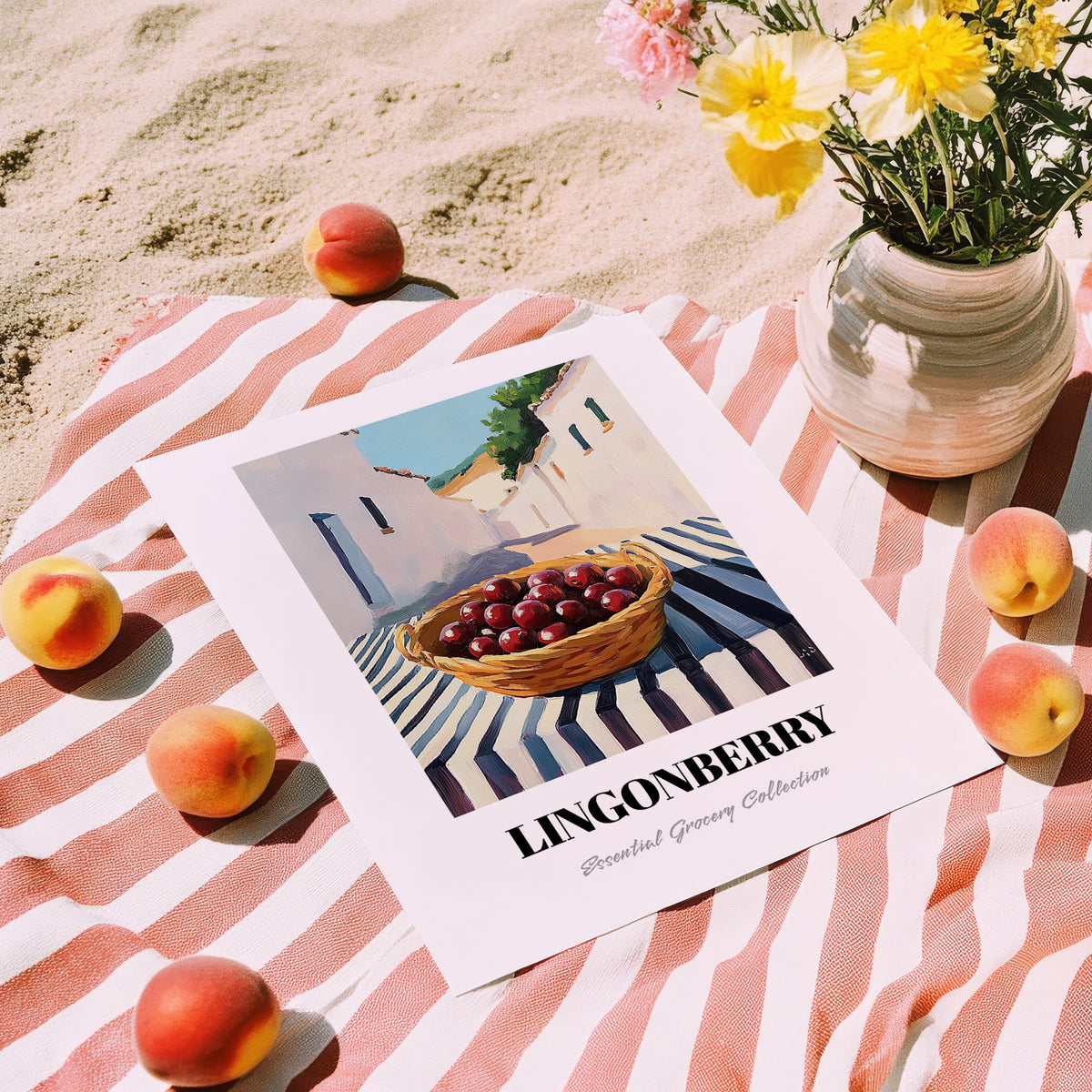 Lingonberry – White village Outdoor Café Scene, Berries Painting, unframed on coastal sand