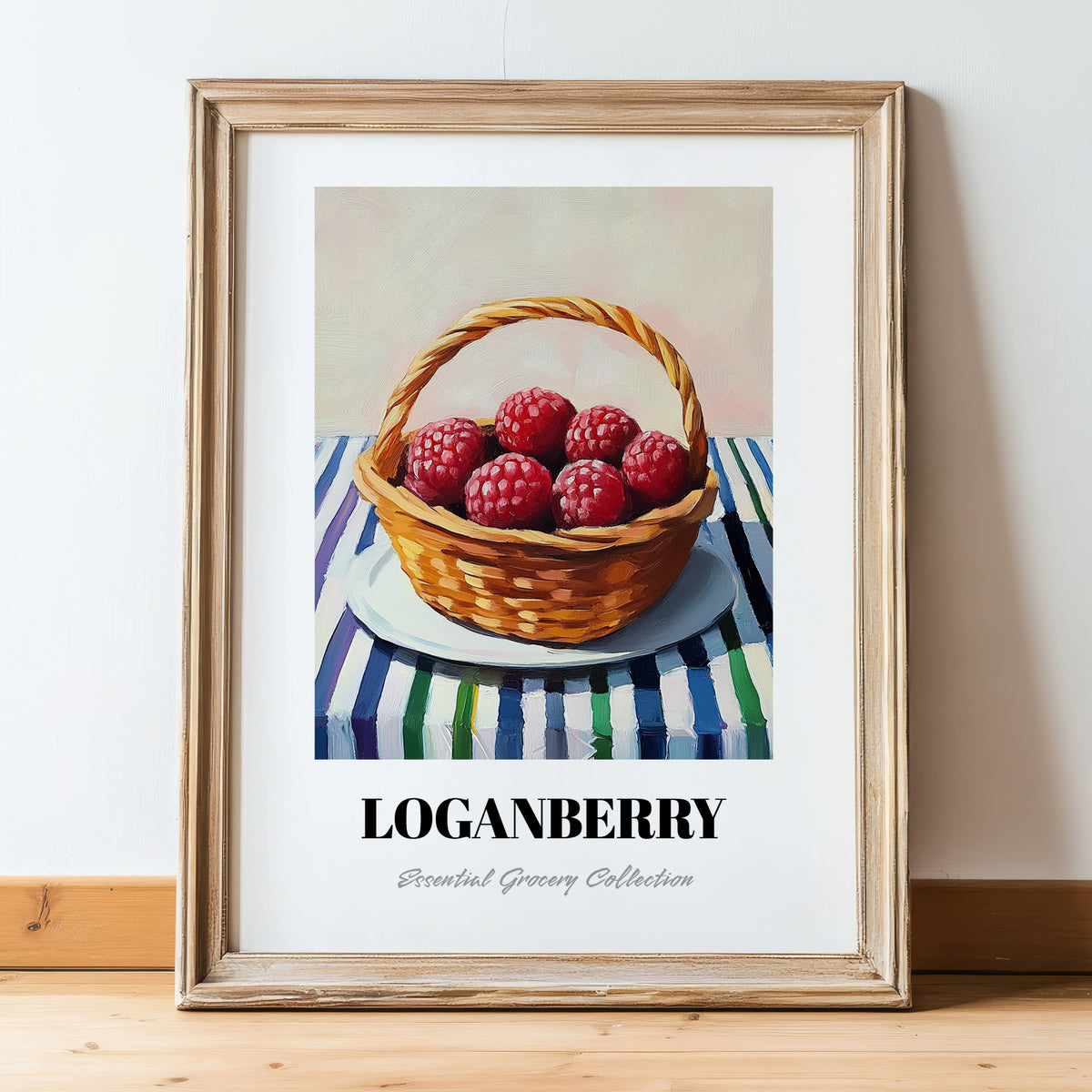 Loganberry – on Striped Tablecloth, Berries Painting, in wooden frame leaning on the floor