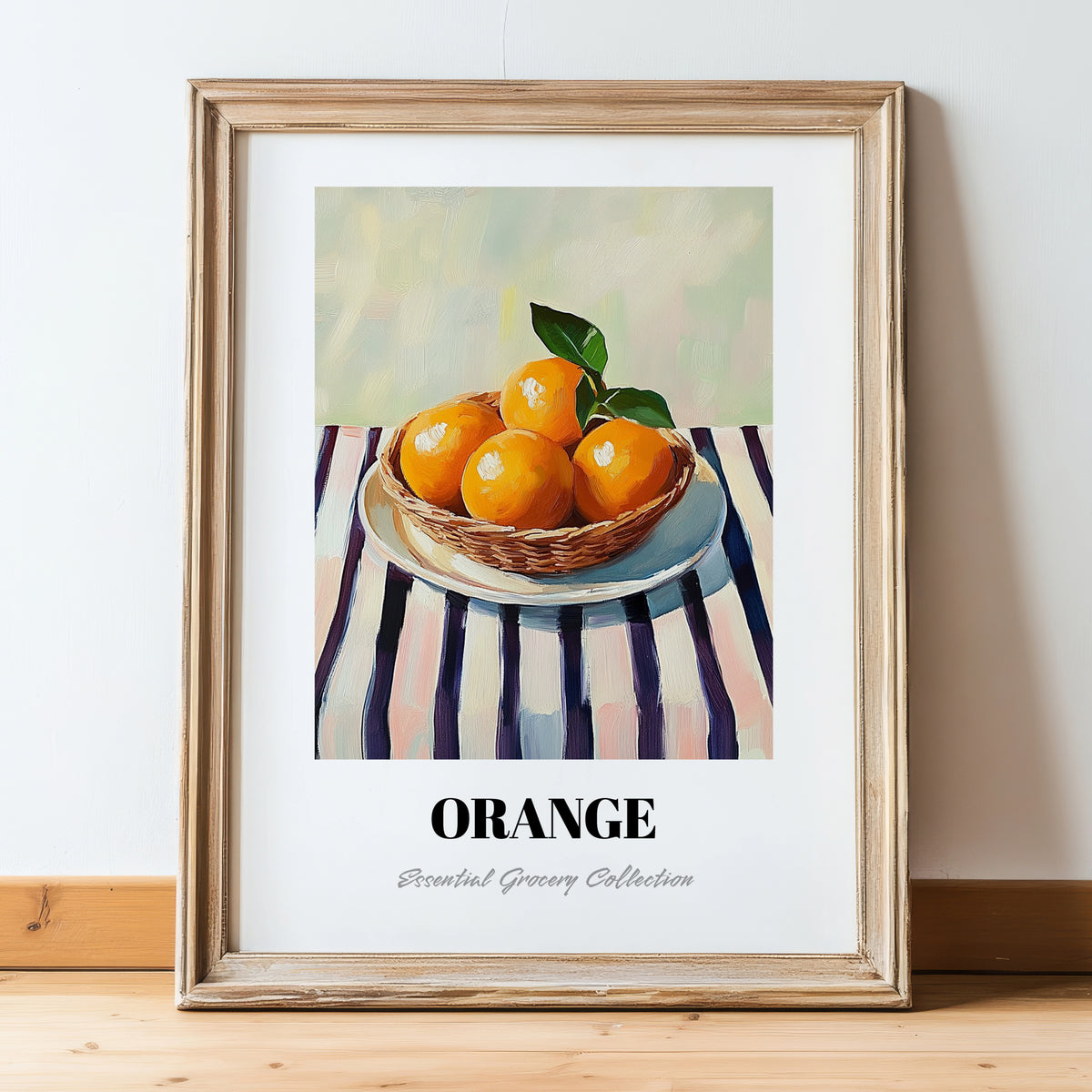 Orange – on Striped Tablecloth, Fruit Still Life, in wooden frame leaning on the floor