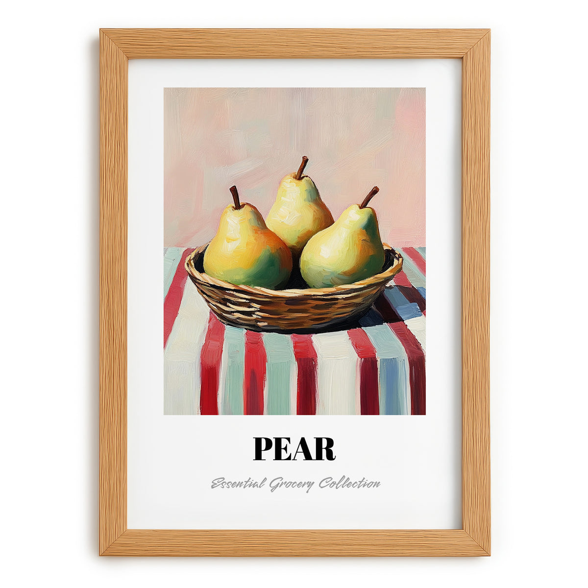 Pear – on Striped Tablecloth, Fruit Wall Decor, set in oak frame