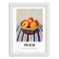 Peach – on Striped Tablecloth, Fruit Still Life, placed in minimal white frame