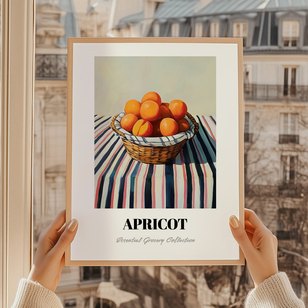 Apricot – on Striped Tablecloth, Fruit Illustration, styled in a charming Paris street view