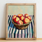 Nectarine – on Striped Tablecloth, Fruit Illustration, no-text version framed in wood