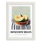 Honeydew Melon – on Striped Tablecloth, Fruit Wall Decor, placed in minimal white frame