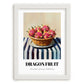 Dragon Fruit – on Striped Tablecloth, Fruit Illustration, placed in minimal white frame