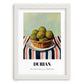Durian – on Striped Tablecloth, Fruit Poster, placed in minimal white frame