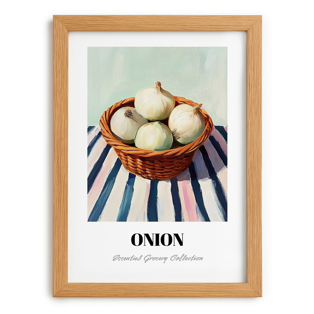 Onion – on Striped Tablecloth, Vegetable Print, set in oak frame