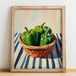 Bell Pepper – on Striped Tablecloth, Vegetable Painting, no-text version framed in wood