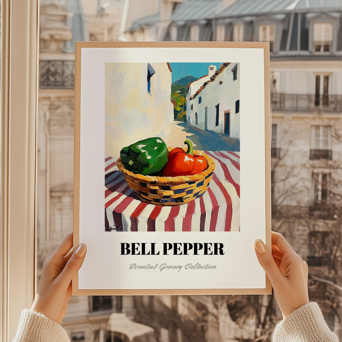 Bell Pepper – White village Outdoor Café Scene, Vegetable Wall Painting, styled in a charming Paris street view