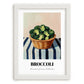 Broccoli – on Striped Tablecloth, Vegetable Still Life, placed in minimal white frame
