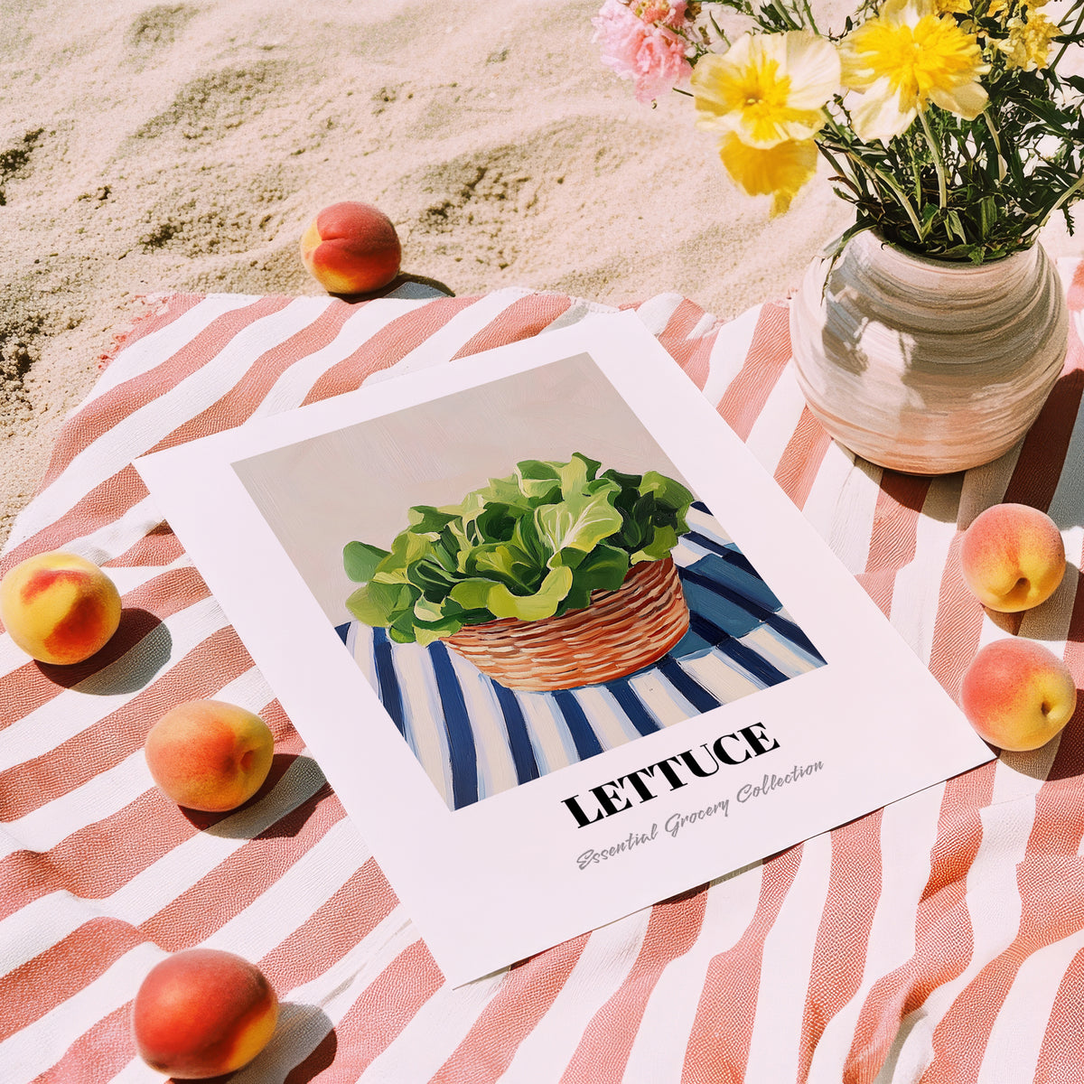 Lettuce – on Striped Tablecloth, Vegetable Wall Decor, unframed on coastal sand
