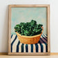 Kale – on Striped Tablecloth, Vegetable Print, no-text version framed in wood