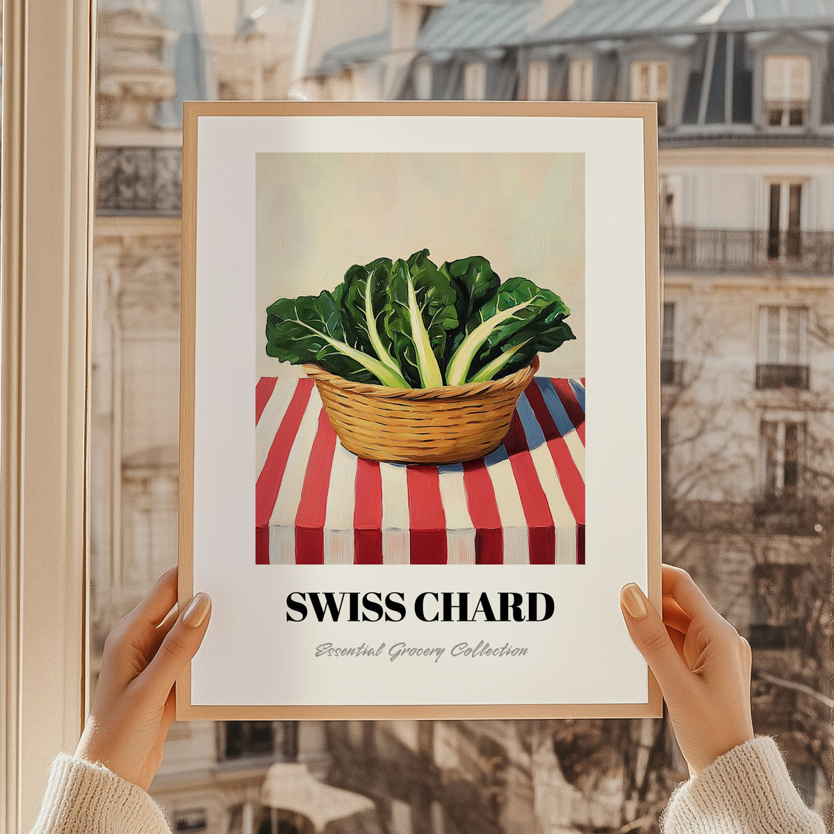 Swiss Chard – on Striped Tablecloth, Vegetable Painting, styled in a charming Paris street view
