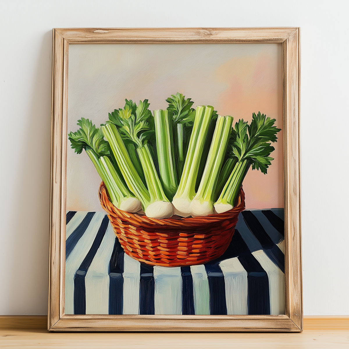 Celery – on Striped Tablecloth, Vegetable Wall Decor, no-text version framed in wood