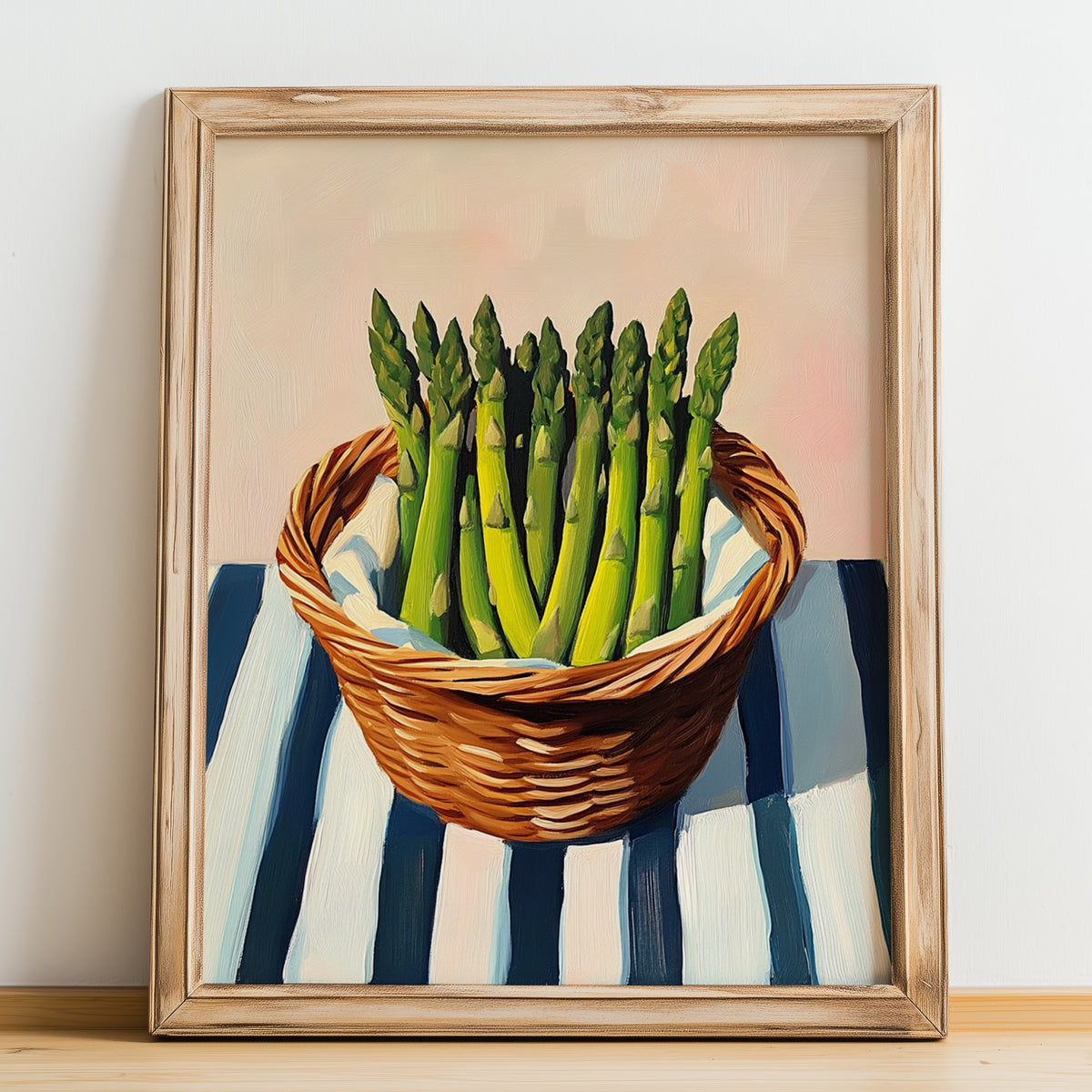 Asparagus – on Striped Tablecloth, Vegetable Painting, no-text version framed in wood