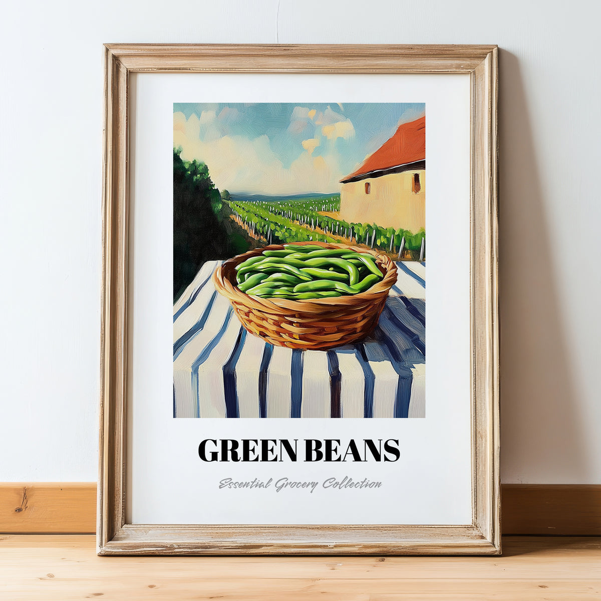 Green Beans – Valley Café Scene, Vegetable Still Life, in wooden frame leaning on the floor