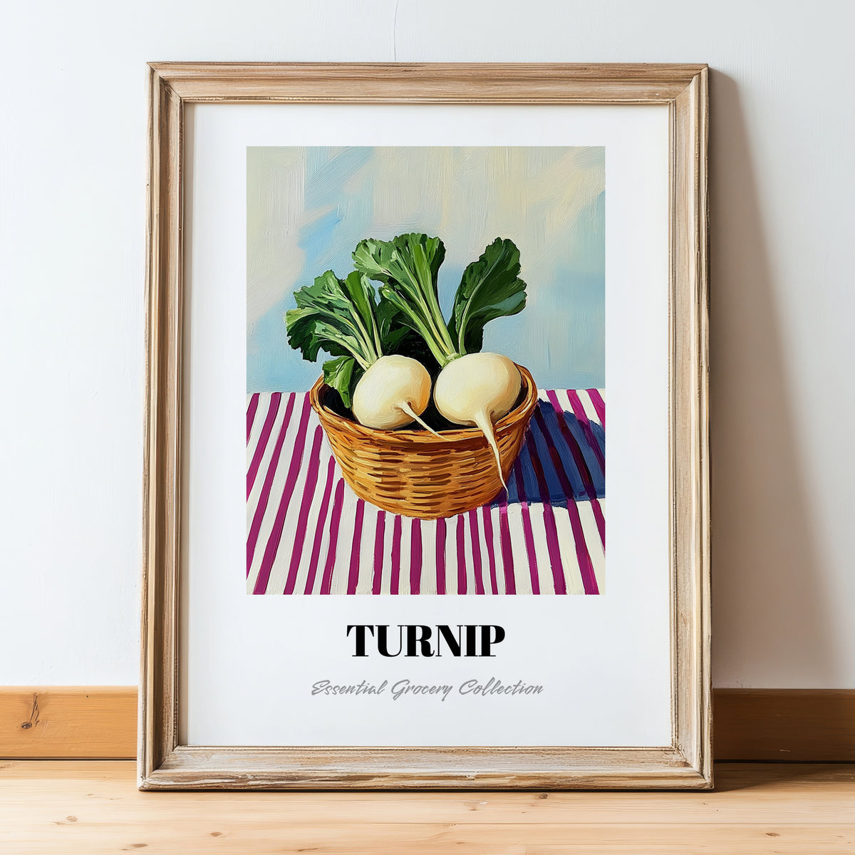 Turnip – on Striped Tablecloth, Vegetable Still Life, in wooden frame leaning on the floor