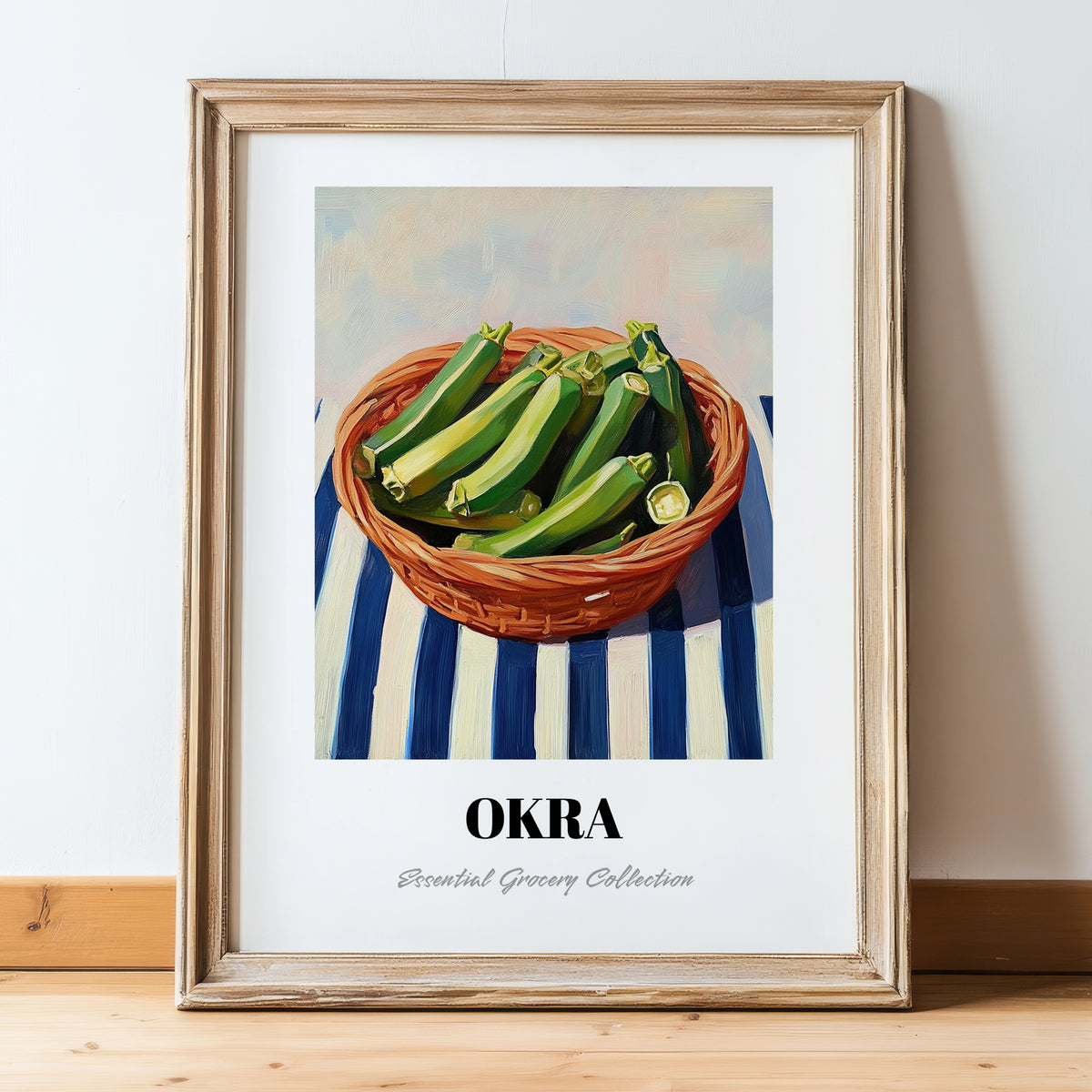 Okra – on Striped Tablecloth, Vegetable Print, in wooden frame leaning on the floor