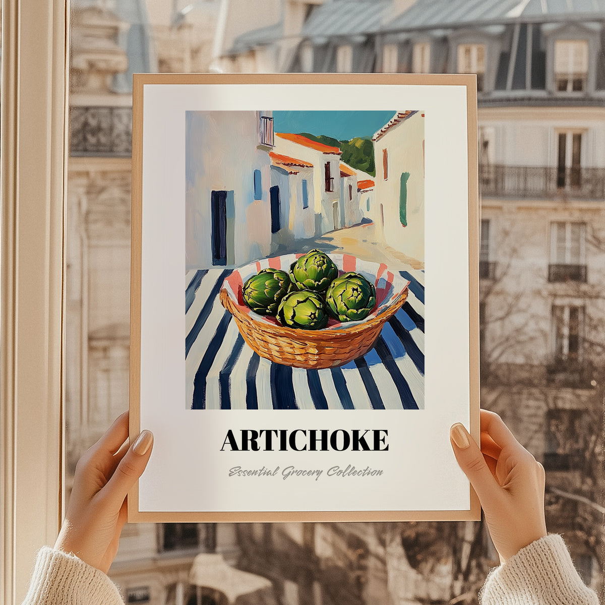 Artichoke – White village Urban Café Scene, Vegetable Print, styled in a charming Paris street view