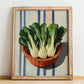 Bok Choy – on Striped Tablecloth, Vegetable Painting, no-text version framed in wood