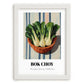 Bok Choy – on Striped Tablecloth, Vegetable Painting, placed in minimal white frame