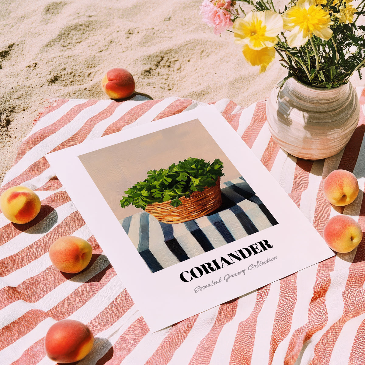 Coriander – on Striped Tablecloth, Fresh Herbs Still Life, unframed on coastal sand