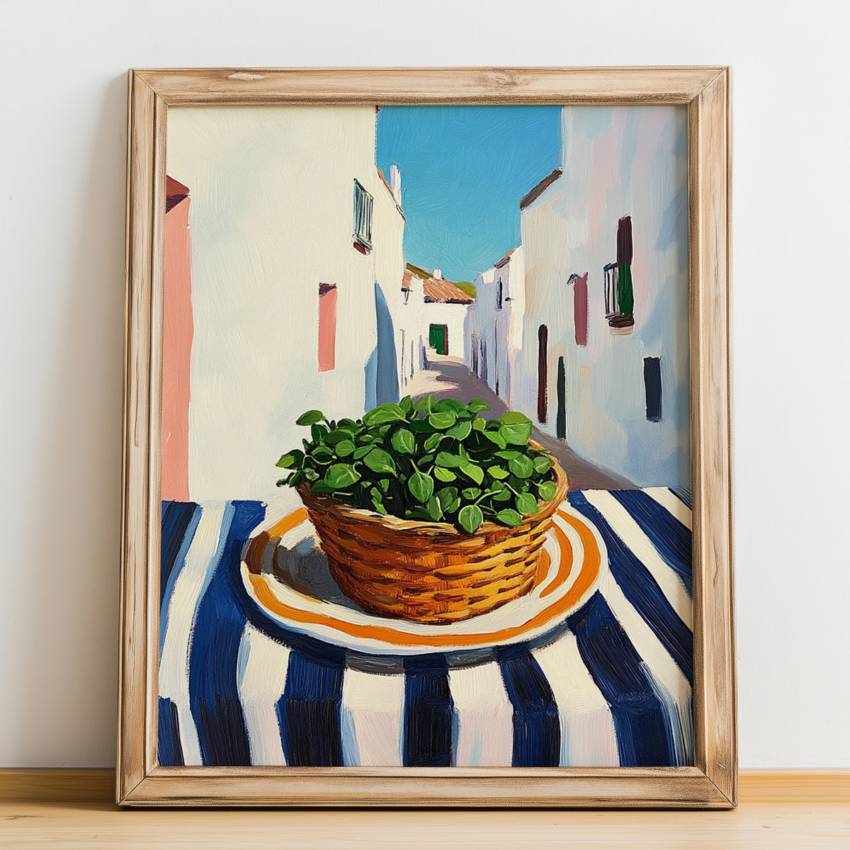 Oregano – White village Street Café Scene, Fresh Herbs Print, no-text version framed in wood