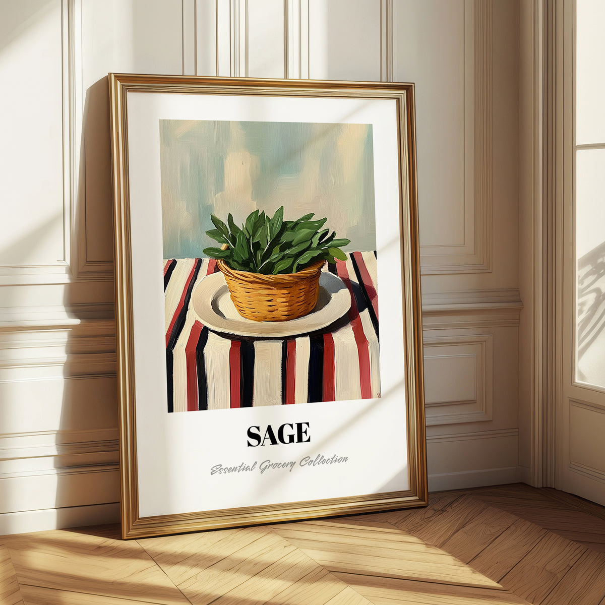 Sage – on Striped Tablecloth, Fresh Herbs Painting