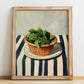 Lovage – on Striped Tablecloth, Fresh Herbs Illustration, no-text version framed in wood
