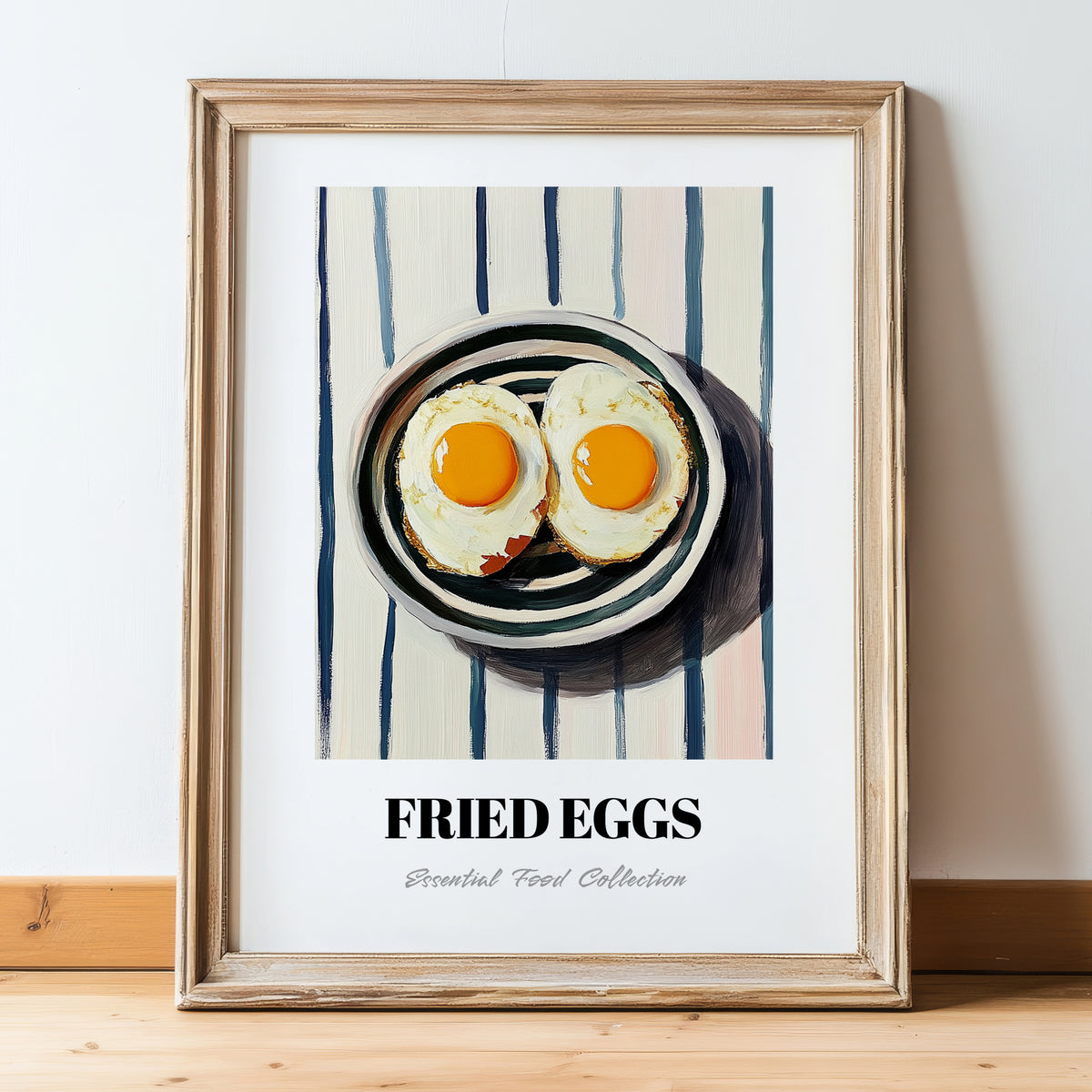 Fried Eggs – on Striped Tablecloth, American Food Painting, in wooden frame leaning on the floor