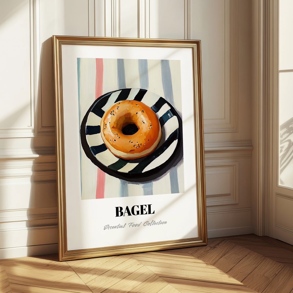 Bagel – on Striped Tablecloth, American Pastry Wall Painting 